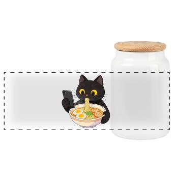 Chat noir avec smartphone et nouilles ramen - Boîte à biscuits avec couvercle en bois - blanc - Devant