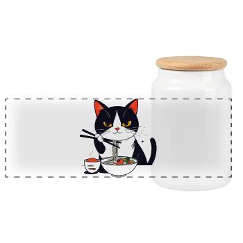 Katze isst Sushi mit Stäbchen Ramen Charm Nudeln - Panorama Keksdose mit Holzdeckel - Weiß - Vorne