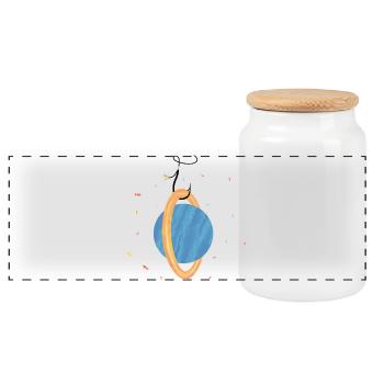 Planet on the hook (3/3) - Panoramic Cookie Jar with Wooden Lid - white - Front
