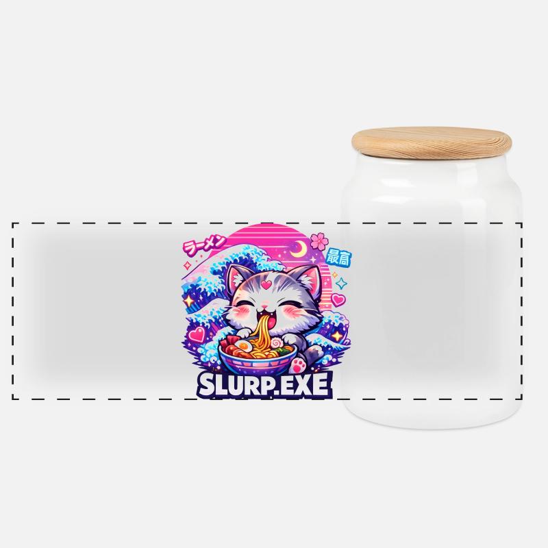 Kawaii Katze Ramen Nudeln Anime Katze - Panorama Keksdose mit Holzdeckel - Weiß