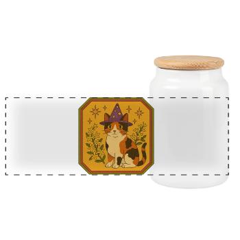 Chat sorcière calicot avec chapeau étoilé - Boîte à biscuits avec couvercle en bois - blanc - Devant