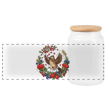 Oiseau joyeux dans une couronne de baies - Boîte à biscuits avec couvercle en bois - blanc - Devant
