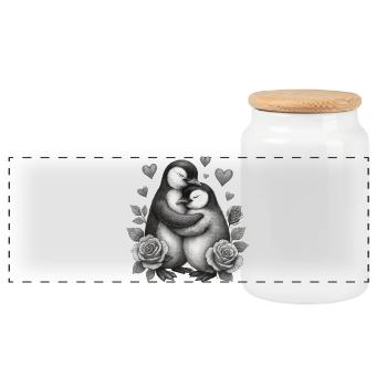 Umarmende Pinguine mit Rosen - Panorama Keksdose mit Holzdeckel - Weiß - Vorne