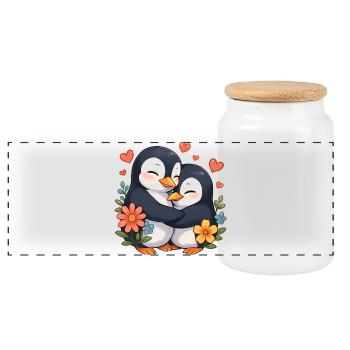 Kuschelpinguin Umarmung mit Blumen - Panorama Keksdose mit Holzdeckel - Weiß - Vorne