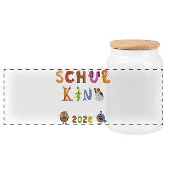 Schule 2026  Bunte Buchstabenwelt - Panorama Keksdose mit Holzdeckel - Weiß - Vorne