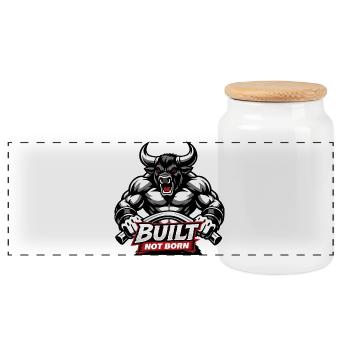 Bodybuilder /  Minotaurus / Built not born         - Panorama Keksdose mit Holzdeckel - Weiß - Vorne