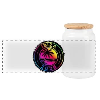 Ibiza 2026 Colorful Vintage - Panoramic Cookie Jar with Wooden Lid - white - Front