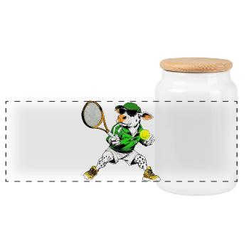 Cows Tennis / Tennis Player Cow - Panoramic Cookie Jar with Wooden Lid - white - Front