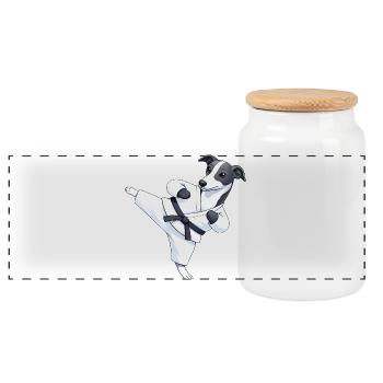 Cute Greyhound Karate Cartoon Martial Arts - Panoramic Cookie Jar with Wooden Lid - white - Front
