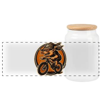 Pirate Pig on BMX Mountain Bike - Panoramic Cookie Jar with Wooden Lid - white - Front