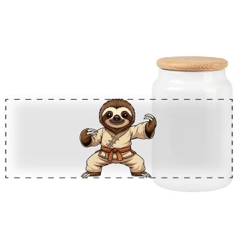 Cute Sloth Cartoon Martial Arts Kung Fu Self - Panoramic Cookie Jar with Wooden Lid - white - Front