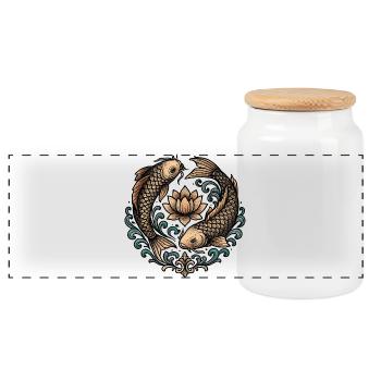 Koi und Lotus Kreis Harmonie Tattoo - Panorama Keksdose mit Holzdeckel - Weiß - Vorne