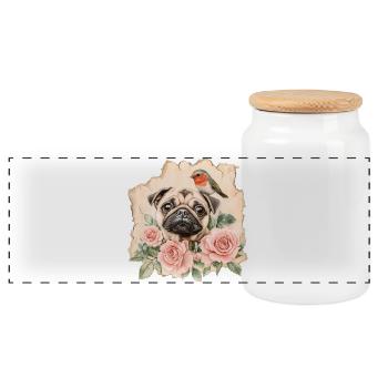 Mops und Rotkehlchen - Panorama Keksdose mit Holzdeckel - Weiß - Vorne