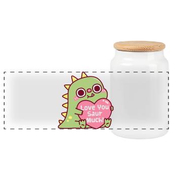 Cute Dinosaur Hugs Heart Love You Saur Much Pun - Panoramic Cookie Jar with Wooden Lid - white - Front