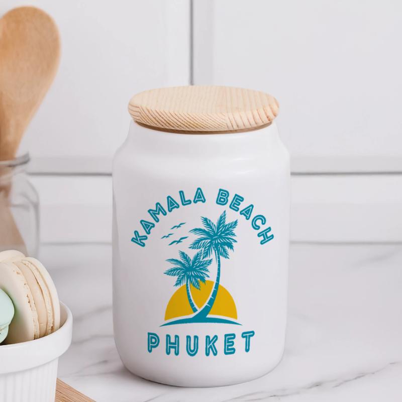 Palmier du coucher de soleil de la plage de Kamala à Phuket Boîte à biscuits avec couvercle en bois
