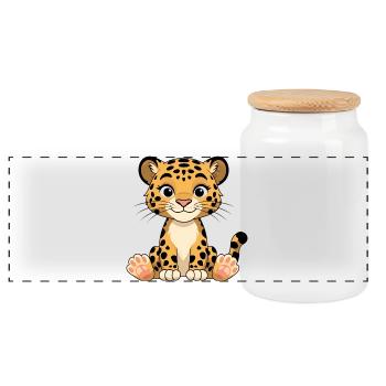 Leopard Kitten Cartoon Print - Panoramic Cookie Jar with Wooden Lid - white - Front