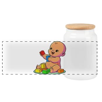 Bébé souriant avec des blocs colorés - Boîte à biscuits avec couvercle en bois - blanc - Devant