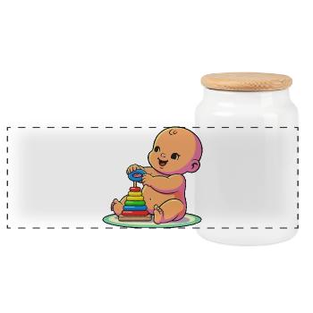 Baby with Rainbow Stacking Rings - Panoramic Cookie Jar with Wooden Lid - white - Front