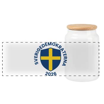 Blue shield with yellow cross design - Panoramic Cookie Jar with Wooden Lid - white - Front