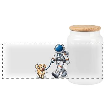 Astronaut mit seinem Hund Gassi  - Panorama Keksdose mit Holzdeckel - Weiß - Vorne