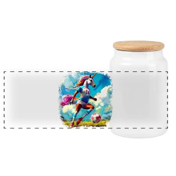 Unicorns Soccer / Soccer Unicorn - Panoramic Cookie Jar with Wooden Lid - white - Front