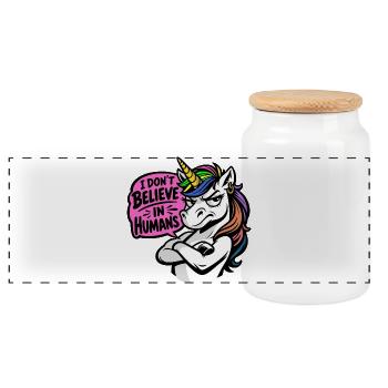 Funny Unicorn – I Don’t Believe in Humans - Panorama Keksdose mit Holzdeckel - Weiß - Vorne