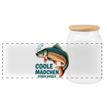 Coole Mädchen Angeln Karpfen - Panorama Keksdose mit Holzdeckel - Weiß - Vorne