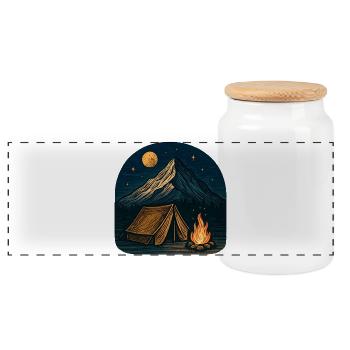 Mountain camping at night with fire - Panoramic Cookie Jar with Wooden Lid - white - Front