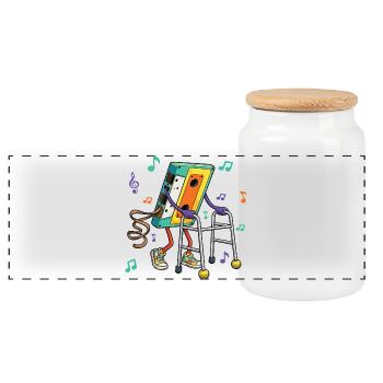 Cassette Tape Retro 80s Music Walking Aid - Panoramic Cookie Jar with Wooden Lid - white - Front