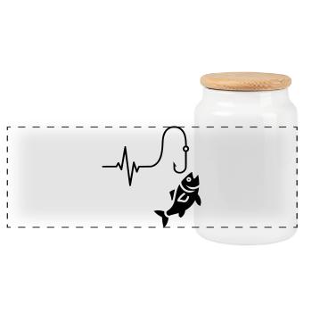 Heartbeat Fishing Fish Silhouette - Panoramic Cookie Jar with Wooden Lid - white - Front
