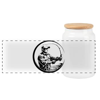 Fishing Man Silhouette - Panoramic Cookie Jar with Wooden Lid - white - Front