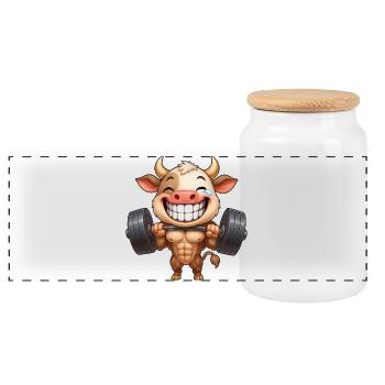 Muskulöse Kuh Stier Kraft Bodybuilding Hantel - Panorama Keksdose mit Holzdeckel - Weiß - Vorne
