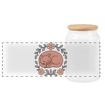 Chat endormi dans un cercle de fleurs - Boîte à biscuits avec couvercle en bois - blanc - Devant