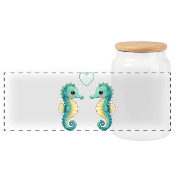 Two Seahorse Pair - Panoramic Cookie Jar with Wooden Lid - white - Front