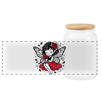 Fée aux ailes de rose en robe rouge - Boîte à biscuits avec couvercle en bois - blanc - Devant