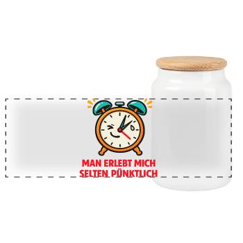 Pünktlichkeitsalarm Spruch - Panorama Keksdose mit Holzdeckel - Weiß - Vorne