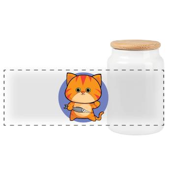 Chat tigré amical aux yeux verts - Boîte à biscuits avec couvercle en bois - blanc - Devant
