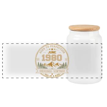 Vintage June 1980 - Original Perfection June 1980 - Panoramic Cookie Jar with Wooden Lid - white - Front