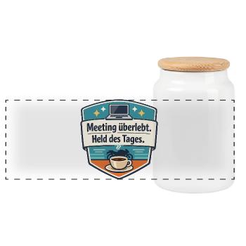 Meeting Überlebt – Held Des Tages Badge - Panorama Keksdose mit Holzdeckel - Weiß - Vorne