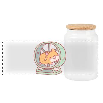 Cute Hamster Running on Wheel - Panoramic Cookie Jar with Wooden Lid - white - Front