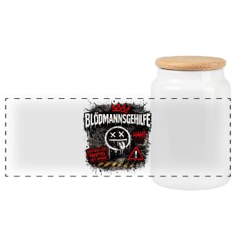 Assistant to the Certified Fool „BLÖDMANNSGEHILFE“ - Panoramic Cookie Jar with Wooden Lid - white - Front