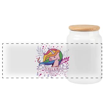 Schulkind Unicorn Regenbogen  - Panorama Keksdose mit Holzdeckel - Weiß - Vorne