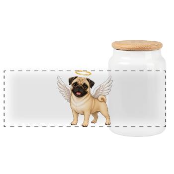 Cute Pug Angel Cartoon Dog Friends Animals - Panoramic Cookie Jar with Wooden Lid - white - Front