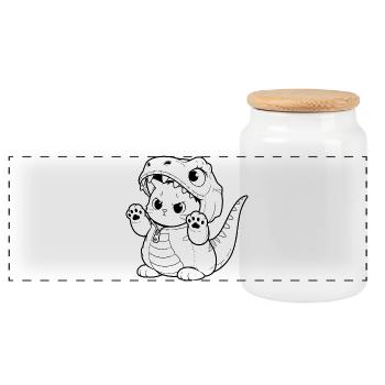 Cuddly dino kitten design - Panoramic Cookie Jar with Wooden Lid - white - Front