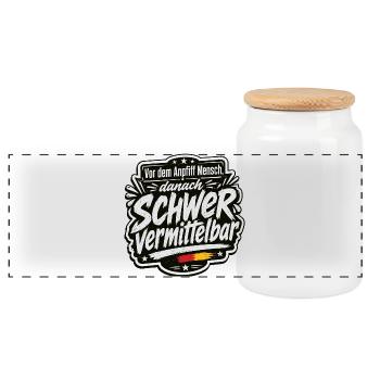 Vor dem Anpfiff Mensch, danach schwer vermittelbar - Panorama Keksdose mit Holzdeckel - Weiß - Vorne