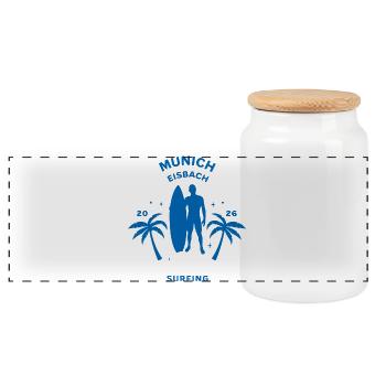 Munich Surfing 2026 Palm Trees Silhouette - Panoramic Cookie Jar with Wooden Lid - white - Front