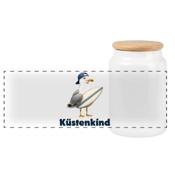 Küstenkind Surfvogel-Design - Panorama Keksdose mit Holzdeckel - Weiß - Vorne