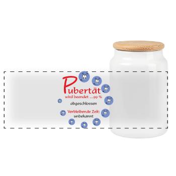 Pubertät beendet – 99% abgeschlossen - Panorama Keksdose mit Holzdeckel - Weiß - Vorne