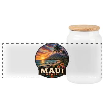 Maui Island Hawaii Vacation Volcano Sunset Beach - Panoramic Cookie Jar with Wooden Lid - white - Front