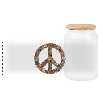 60er Peace Symbol Blumen - Panorama Keksdose mit Holzdeckel - Weiß - Vorne